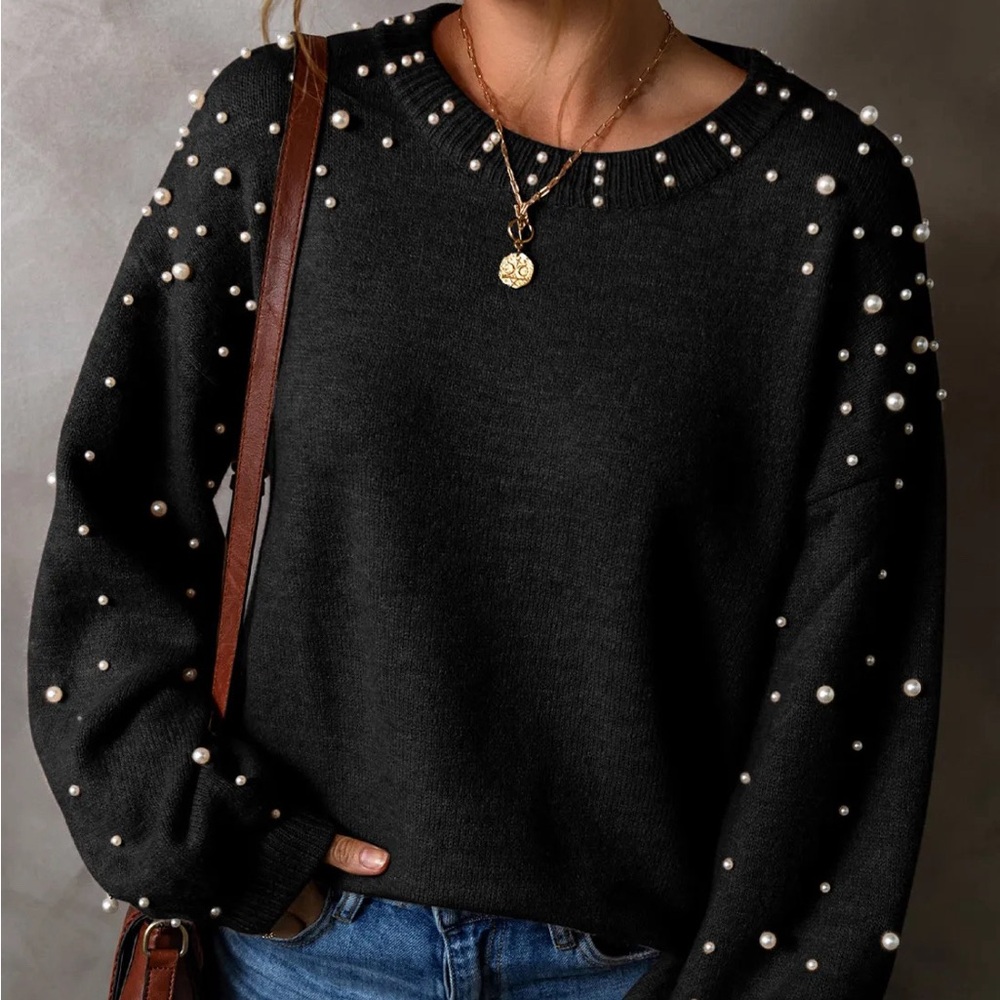 Black Pearl Detail Round Neck Long Sleeve Sweater - Picture 1 of 3